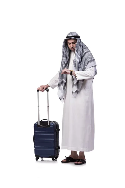 Homme arabe avec valise en concept de voyage isolé sur blanc — Photo