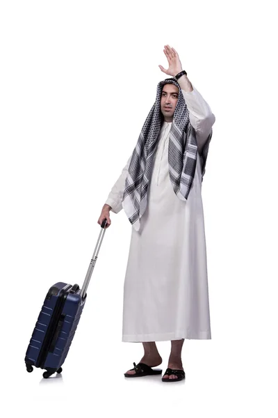 Homme arabe avec valise en concept de voyage isolé sur blanc — Photo