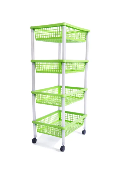 Green bin rack shelf with wheels isolated on white — Stock Photo, Image