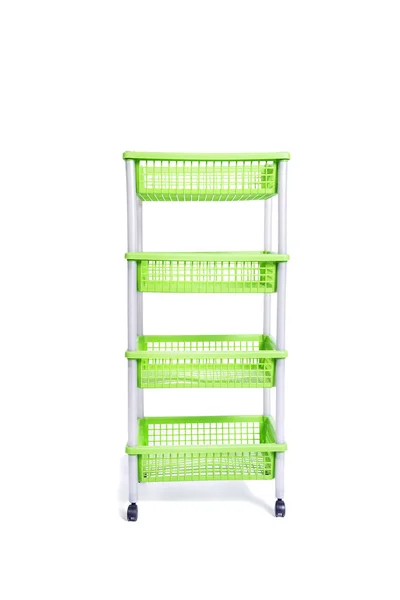 Green bin rack shelf with wheels isolated on white — Stock Photo, Image