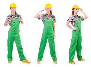 Yeşil tulumlu kadın beyaz giyindi.