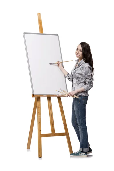 女性艺术家绘画孤立在白色背景上的图片 — 图库照片