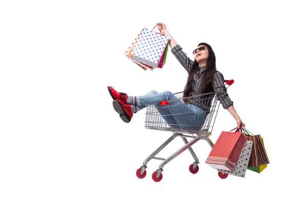 Ung kvinna happer efter shopping isolerad på vit — Stockfoto
