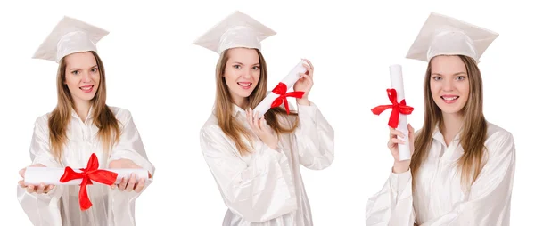 Mulher estudante isolado no fundo branco — Fotografia de Stock