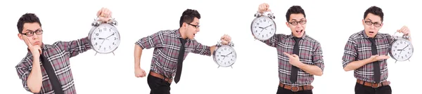 Jeune homme avec horloge isolé sur blanc — Photo