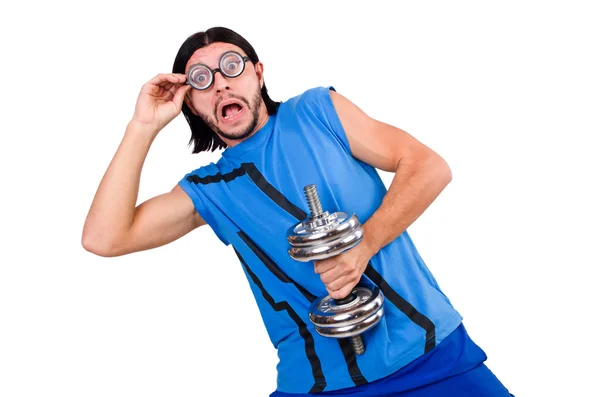 Funny guy with dumbbels on white — Stock Photo, Image