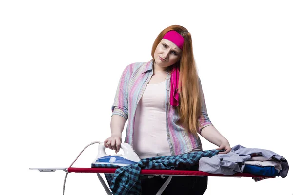 Mujer joven haciendo planchado aislado en blanco —  Fotos de Stock