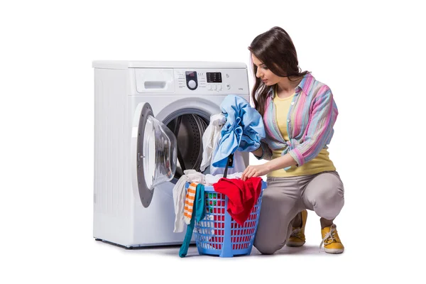 Woman tired after doing laundry isolated on white — Stock Photo, Image