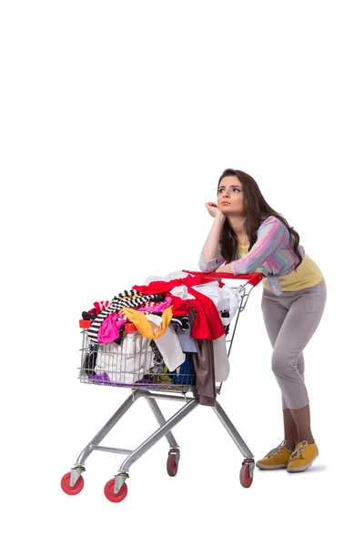 Vrouw na het kopen van tweedehands kleding op wit — Stockfoto