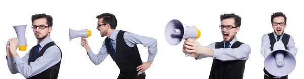 Collage eines jungen Geschäftsmannes mit Lautsprecher auf Weiß — Stockfoto