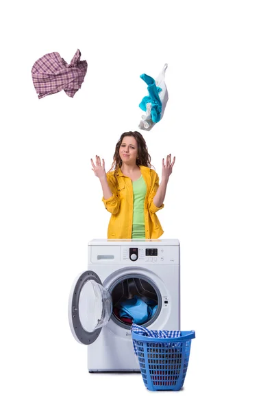 Woman feeling sressed after doing dirty laundry — Stock Photo, Image