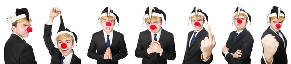 Collage van clown zakenman geïsoleerd op wit — Stockfoto