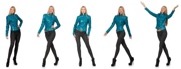 Pretty woman in blue leather jacket isolated on white — Stock Photo, Image