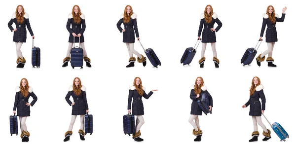 Woman with suitcase preparing for winter vacation — Stock Photo, Image