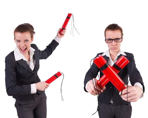 Woman businesswoman with dynamite stick isolated on white — Stock Photo, Image