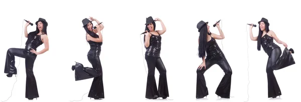 Kobieta śpiewa w klubie karaoke w różnych pozach na białym — Zdjęcie stockowe