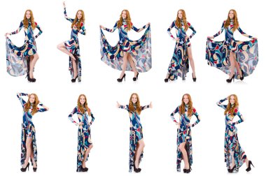 Beyaz elbiseli, mavi elbiseli çekici bir kadın.