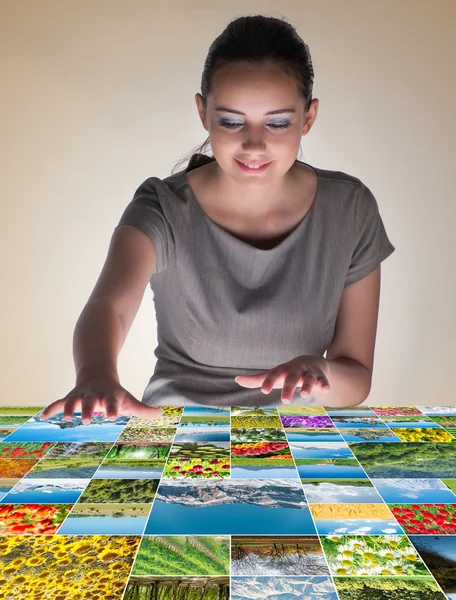 Mujer joven en concepto abstracto con fotos de la naturaleza —  Fotos de Stock