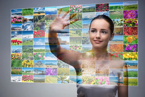 Empresaria presionando botón virtual en collage de la naturaleza —  Fotos de Stock