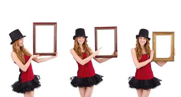 Menina bonita em vermelho polka dot vestido com moldura isolar — Fotografia de Stock