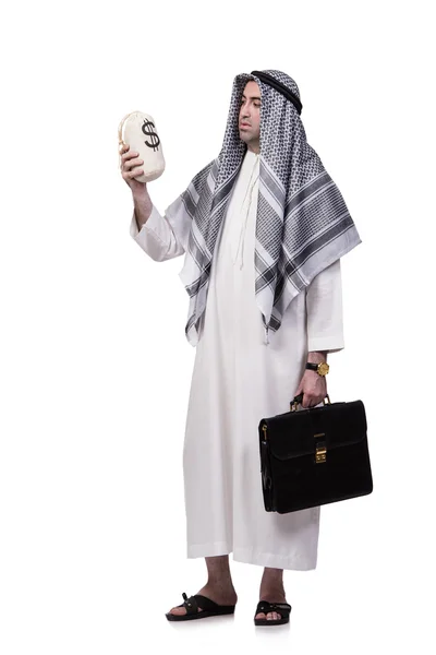 Hombre árabe con sacos de dinero aislados en blanco — Foto de Stock