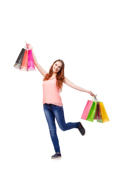 Mulher feliz depois de boas compras isolado no branco — Fotografia de Stock