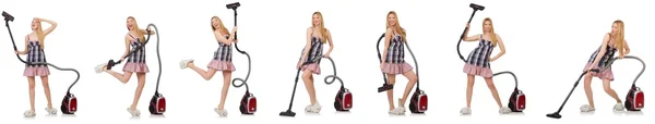 Young woman with vacuum cleaner on white — Stock Photo, Image