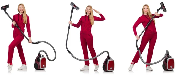 Young woman with vacuum cleaner on white — Stock Photo, Image