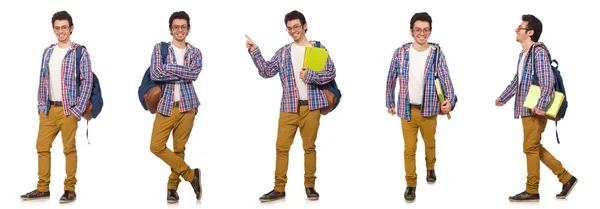 Collage av student med ryggsäck på vitt — Stockfoto