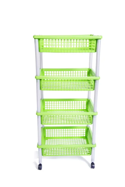 Green bin rack shelf with wheels isolated on white — Stock Photo, Image