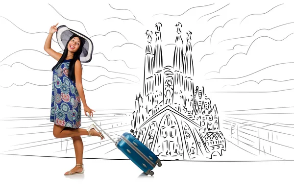 Jeune femme voyageant en Espagne pour voir la Sagrada Familia — Photo