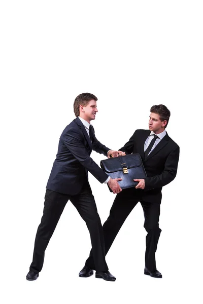 Двое бизнесменов-близнецов спорят друг с другом в изоляции на белом — стоковое фото