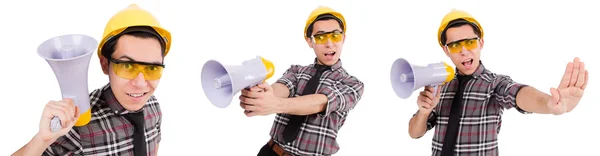 Young construction worker with loudspeaker isolated on white — Stock Photo, Image