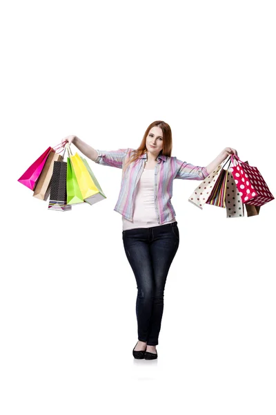 Lycklig kvinna efter bra shopping isolerad på vit — Stockfoto