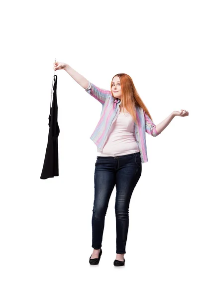 Femme choisissant des vêtements dans le magasin isolé sur blanc — Photo