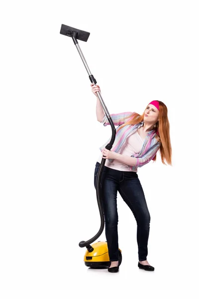 Funny housewife with vacuum cleaner isolated on white — Stock Photo, Image