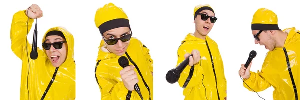 Funny performer with mic isolated on the white — Stock Photo, Image