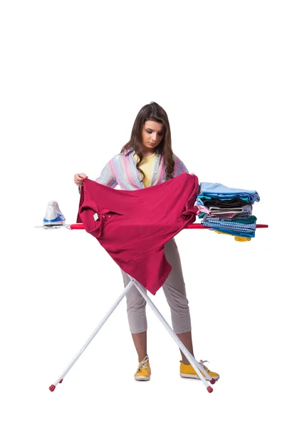 Kvinnan strykning kläder isolerad på vit — Stockfoto