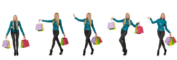 Donna con shopping bags isolata su bianco — Foto Stock