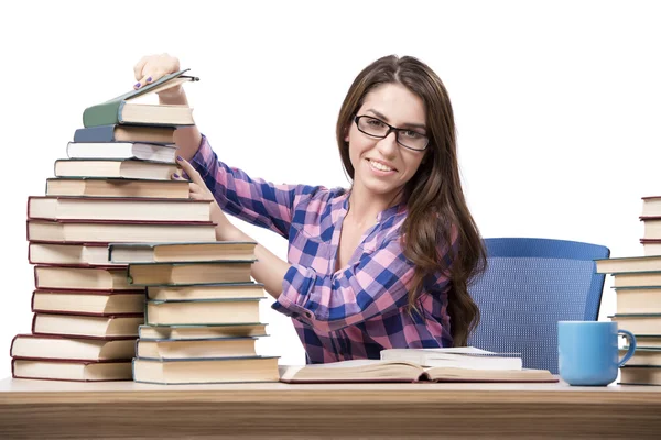 Junge Studentin bereitet sich auf die College-Prüfungen isoliert auf weiß — Stockfoto