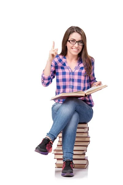 Joven estudiante preparándose para los exámenes de la universidad aislado en blanco —  Fotos de Stock