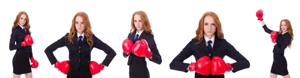 Koláž ženy podnikatelky s boxerskými rukavicemi na bílém — Stock fotografie