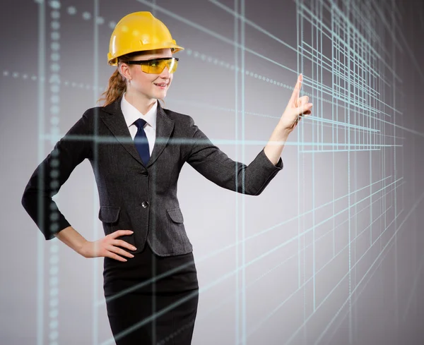 Kobiece inżynier naciśnięcie przycisków wirtualnych — Zdjęcie stockowe