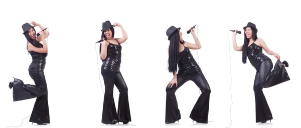Kvinna sjunger i karaokeklubben i olika poser på vitt — Stockfoto