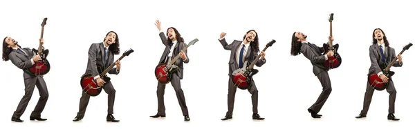 하얀 바탕에 고립 된 재미있는 기타 연주자 — 스톡 사진