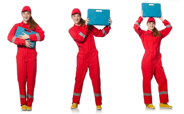 Woman in red overalls isolated on white — Stock Photo, Image