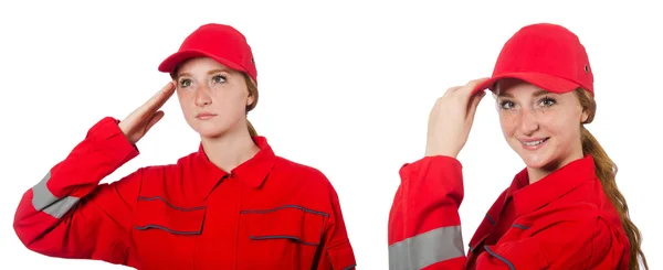 Mulher de macacão vermelho isolado no branco — Fotografia de Stock