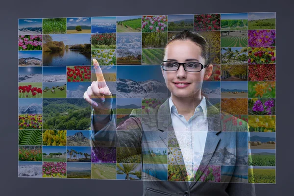 Empresaria presionando botón virtual en collage de la naturaleza — Foto de Stock