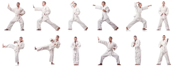 Collage de karate jugador en kimono aislado en blanco —  Fotos de Stock