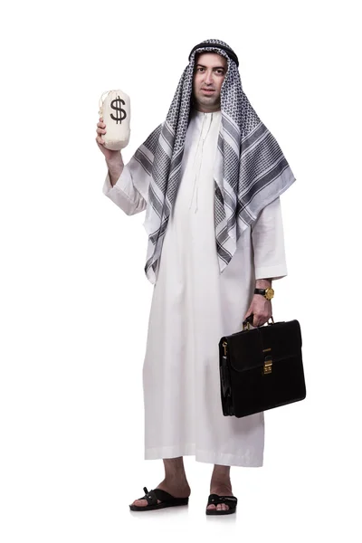 Para çuvalları olan bir Arap beyaz üzerine izole edilmiş. — Stok fotoğraf